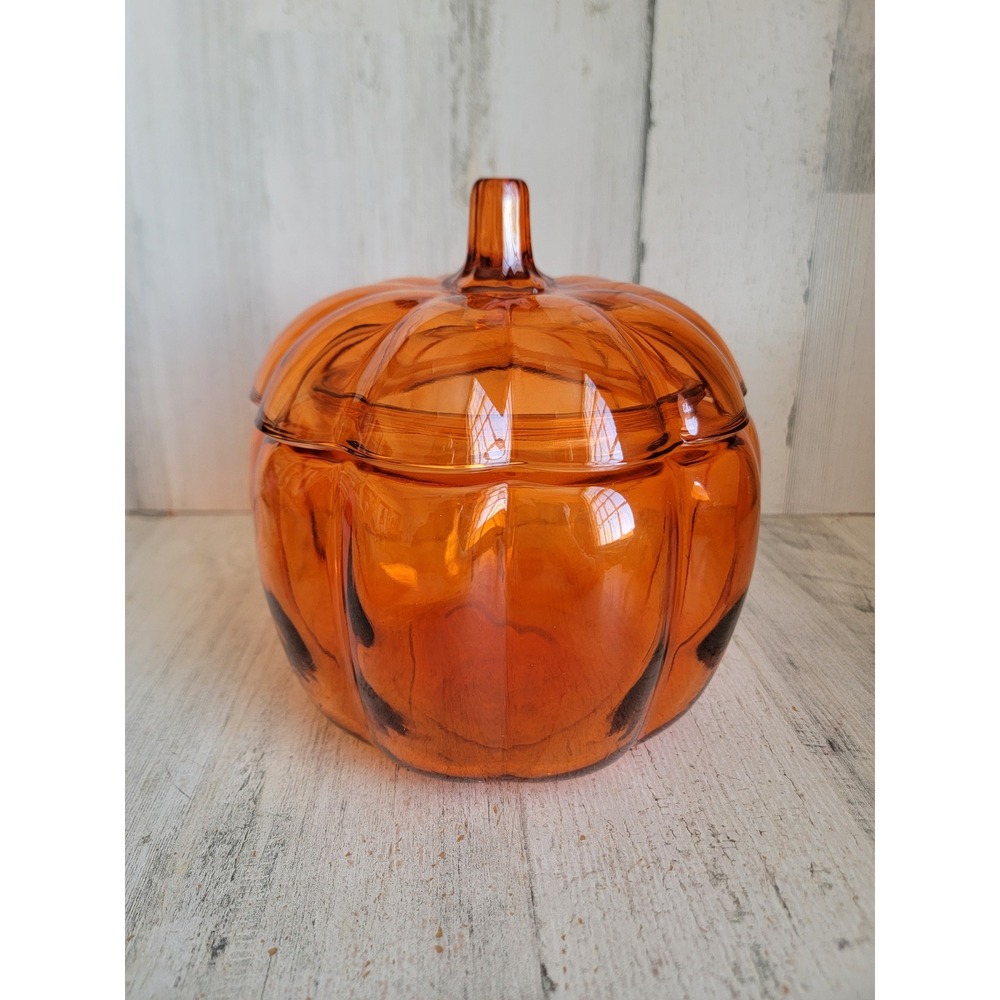 Translucent glass pumpkin orange Halloween container lid home decor